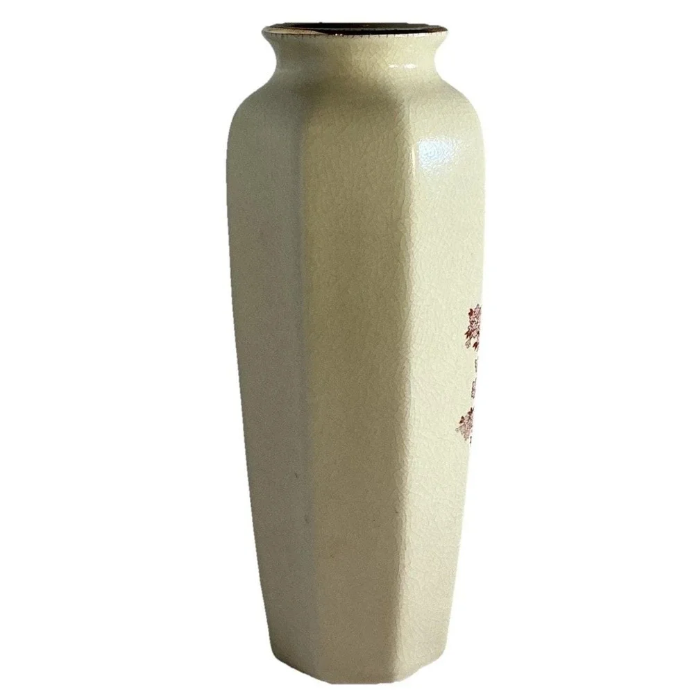 Vintage Japanese Satsuma Peacocks Cherry Blossoms Hexagonal Crackle‎ Glaze Vase